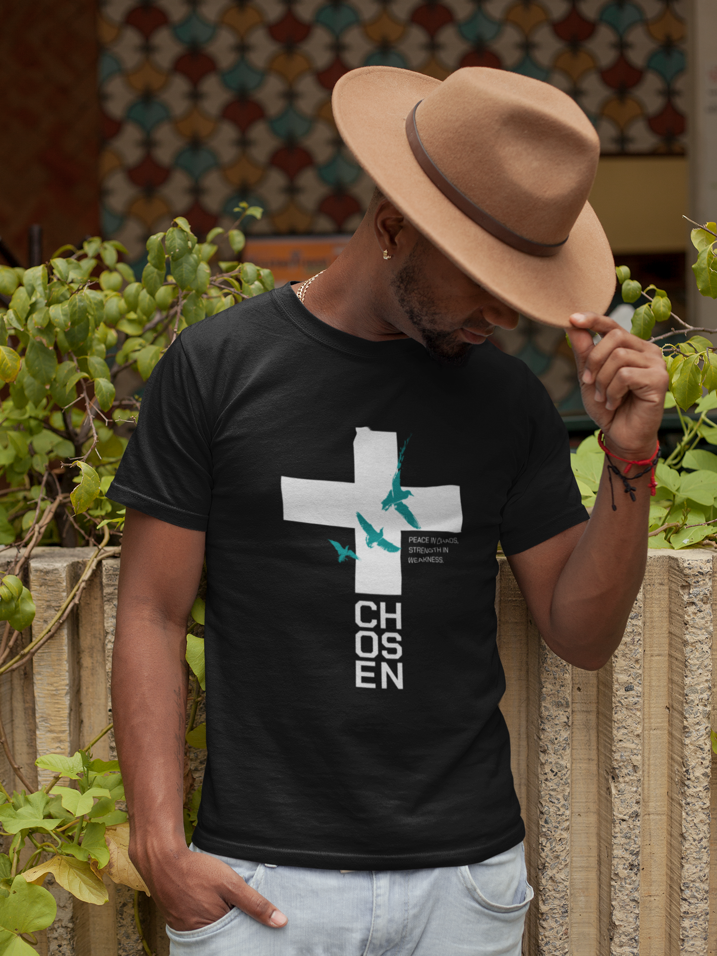 Men’s Christian Cross T-Shirt – Peace in Chaos Strength in Weakness Faith Graphic Tee