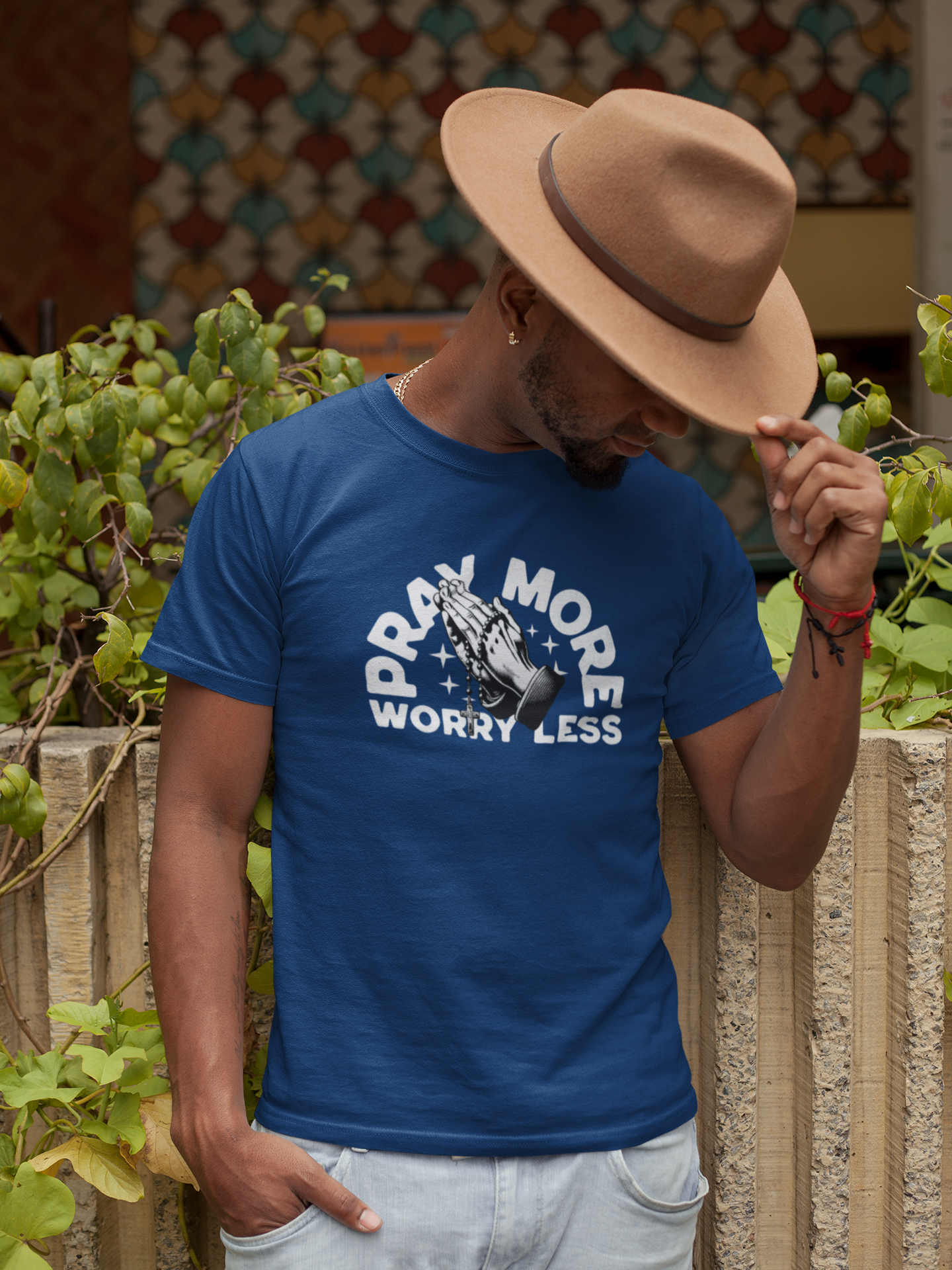 Pray More Worry Less Christian T-Shirt – Praying Hands Rosary Design (Copy)