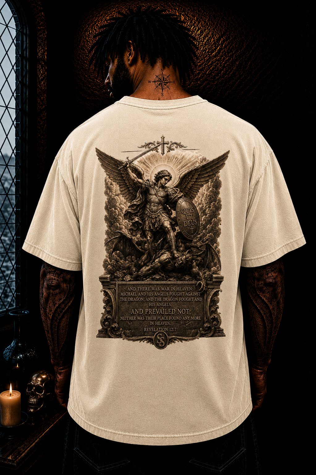 St. Michael Archangel Oversized Christian T-Shirt | Revelation 12:7 Catholic Streetwear