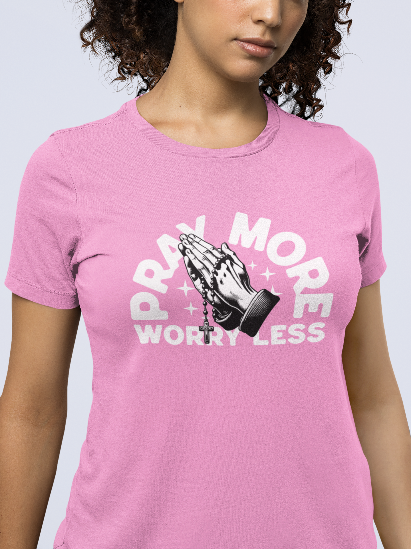 Pray More Worry Less Christian T-Shirt – Praying Hands Rosary Design