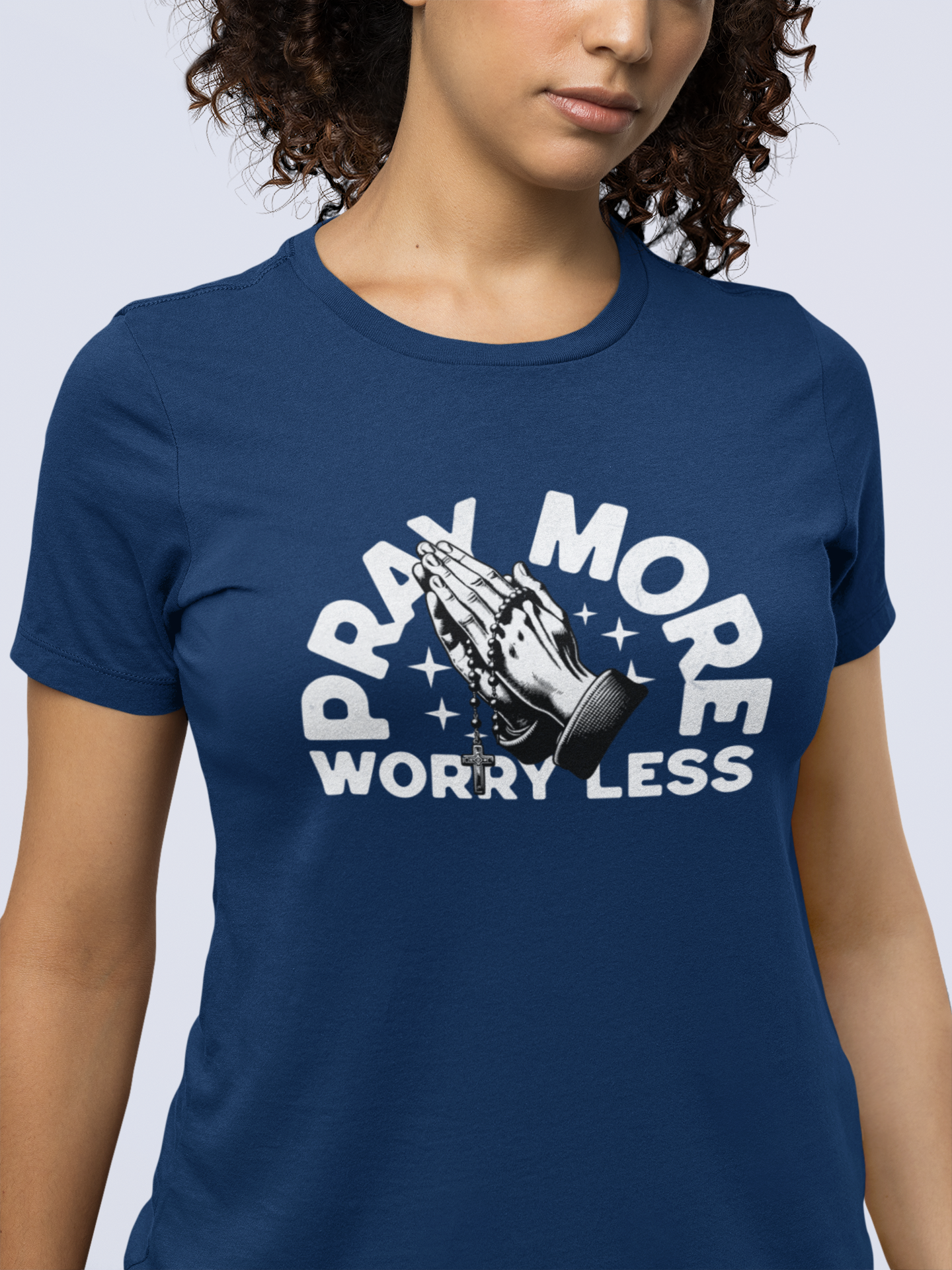 Pray More Worry Less Christian T-Shirt – Praying Hands Rosary Design