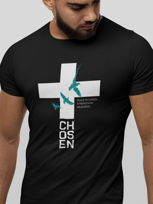 Men’s Christian Cross T-Shirt – Peace in Chaos Strength in Weakness Faith Graphic Tee
