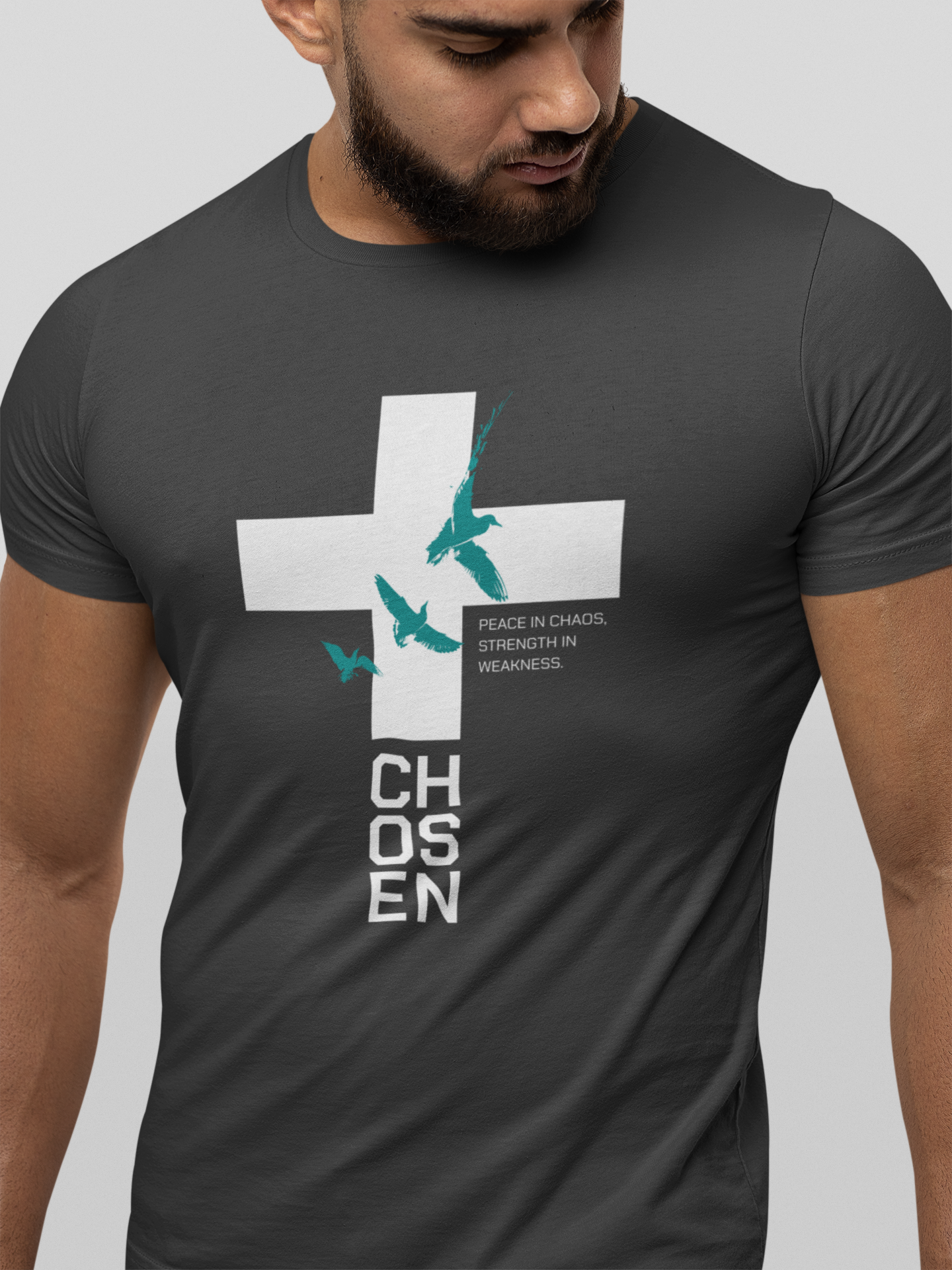 Men’s Christian Cross T-Shirt – Peace in Chaos Strength in Weakness Faith Graphic Tee