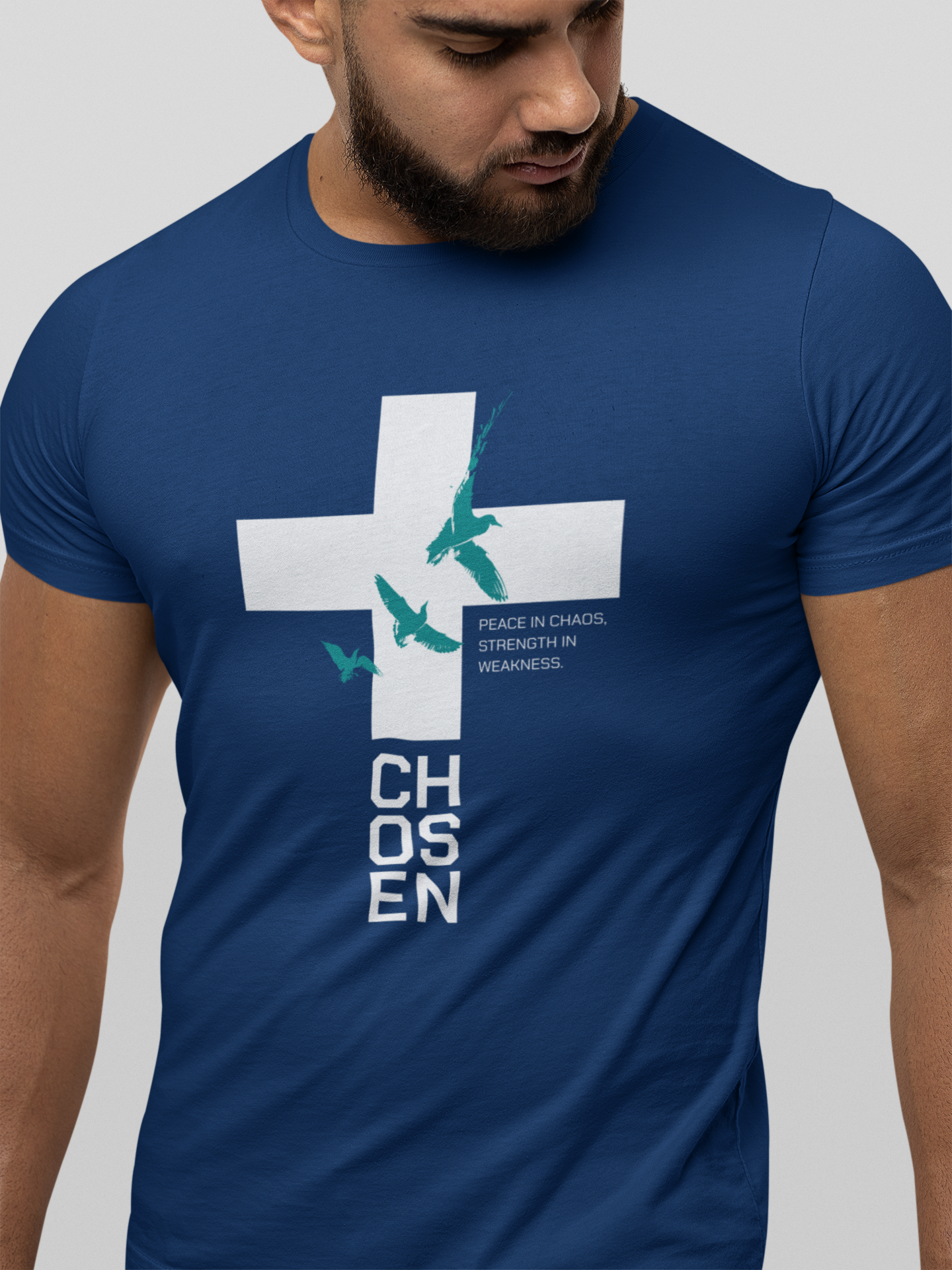 Men’s Christian Cross T-Shirt – Peace in Chaos Strength in Weakness Faith Graphic Tee