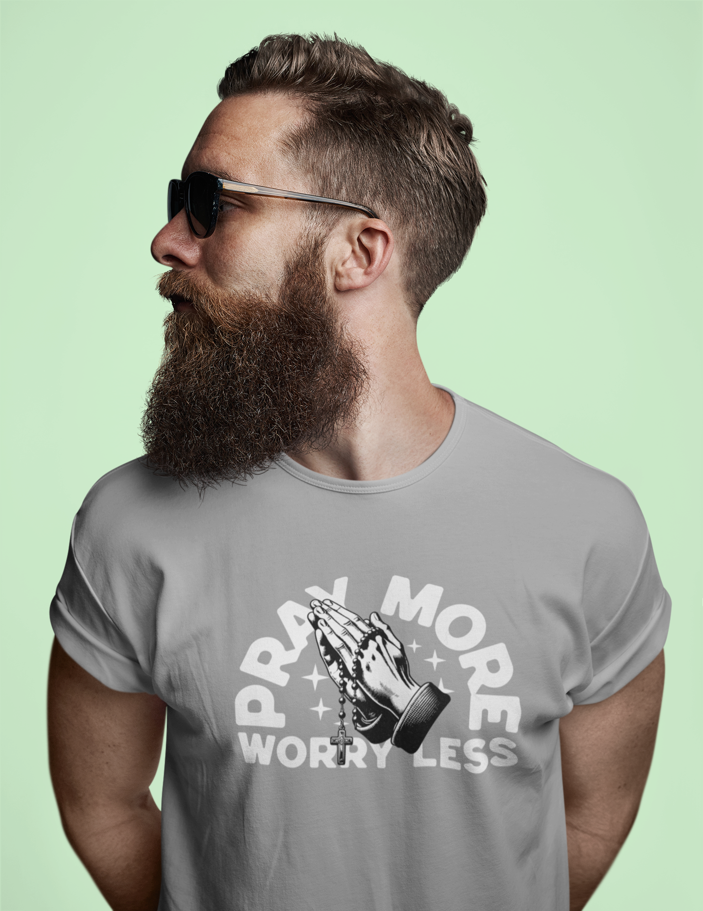 Pray More Worry Less Christian T-Shirt – Praying Hands Rosary Design (Copy)