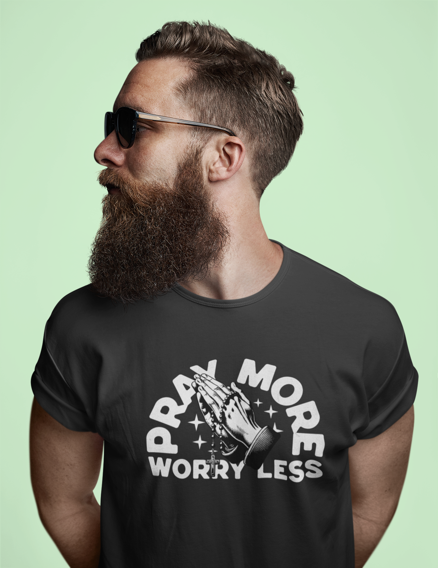 Pray More Worry Less Christian T-Shirt – Praying Hands Rosary Design (Copy)