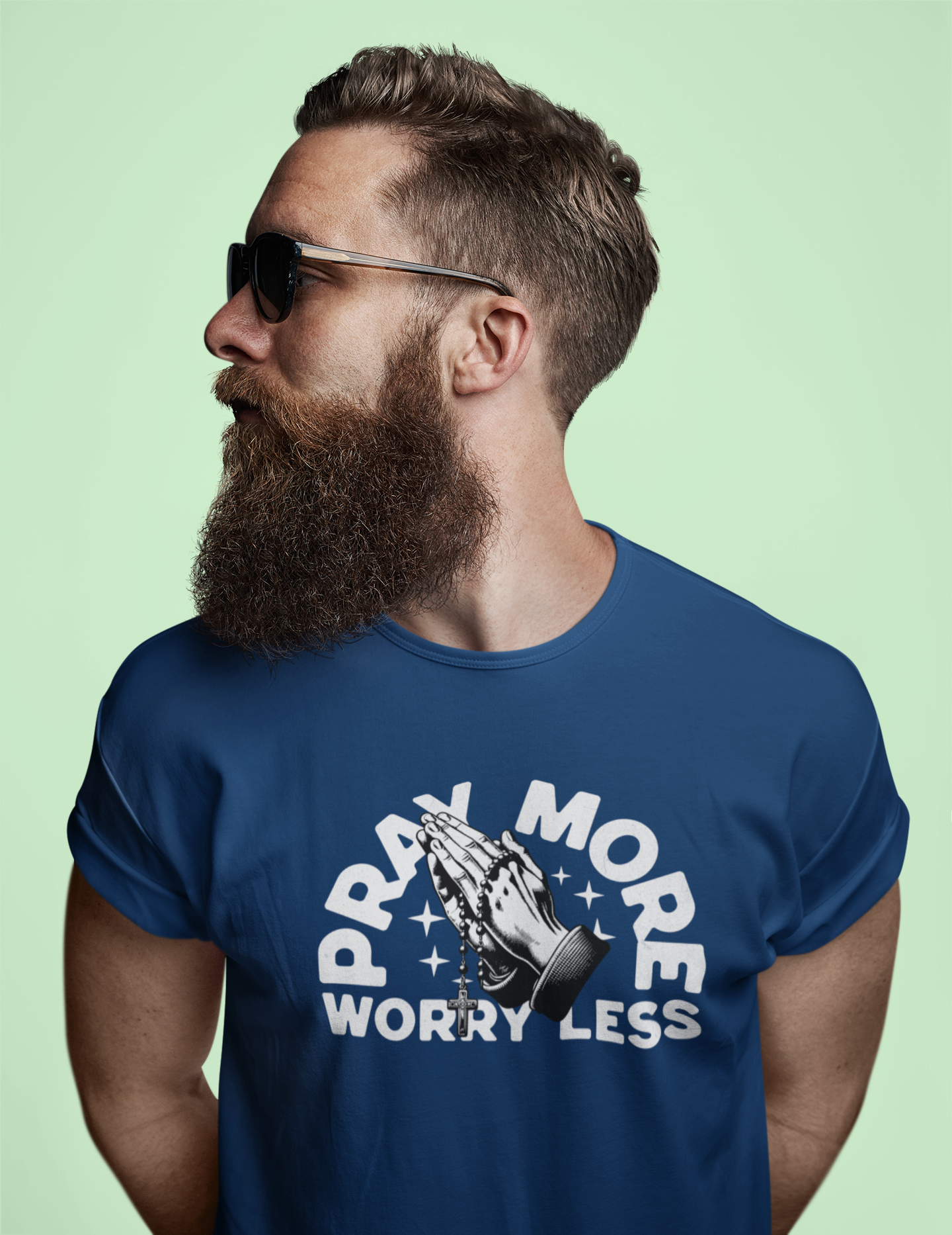 Pray More Worry Less Christian T-Shirt – Praying Hands Rosary Design (Copy)