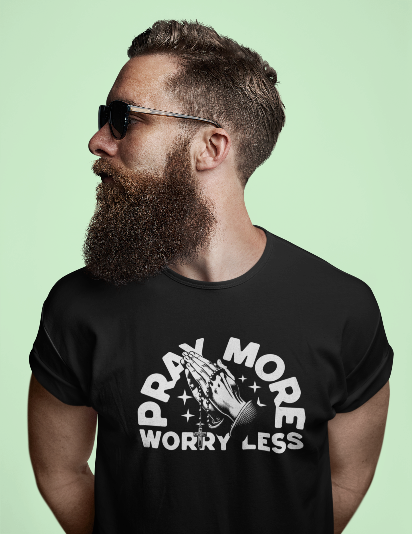 Pray More Worry Less Christian T-Shirt – Praying Hands Rosary Design (Copy)