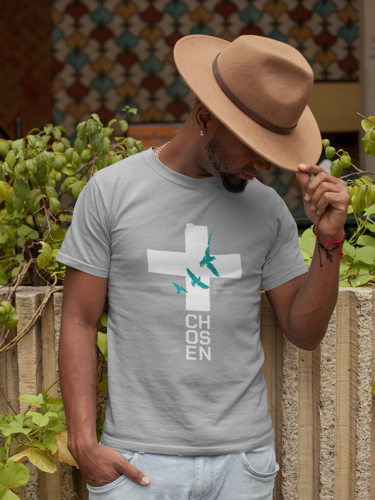 Men’s Christian Cross T-Shirt – Peace in Chaos Strength in Weakness Faith Graphic Tee