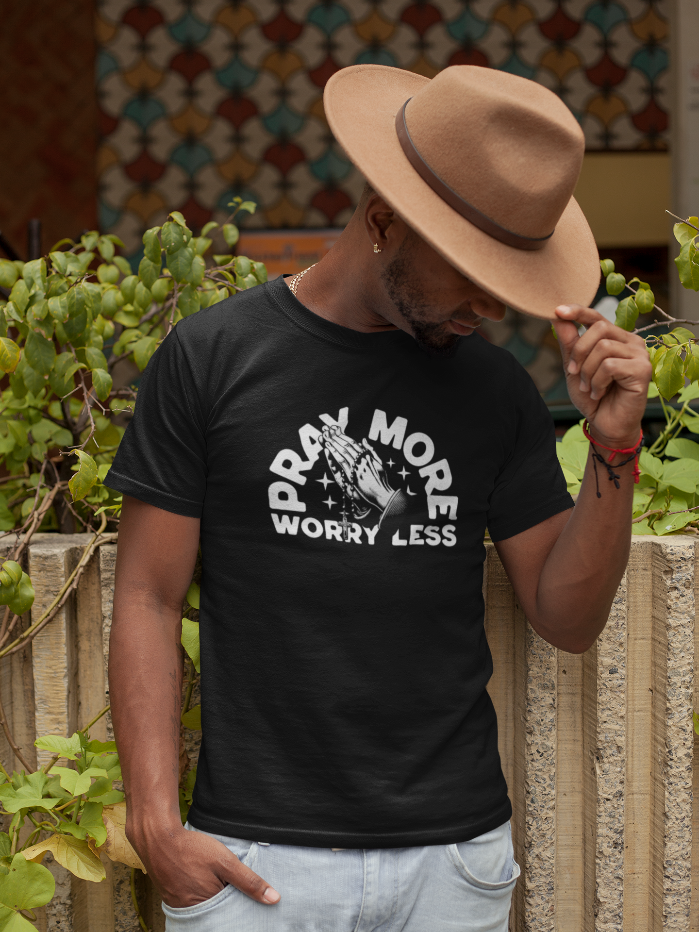 Pray More Worry Less Christian T-Shirt – Praying Hands Rosary Design (Copy)