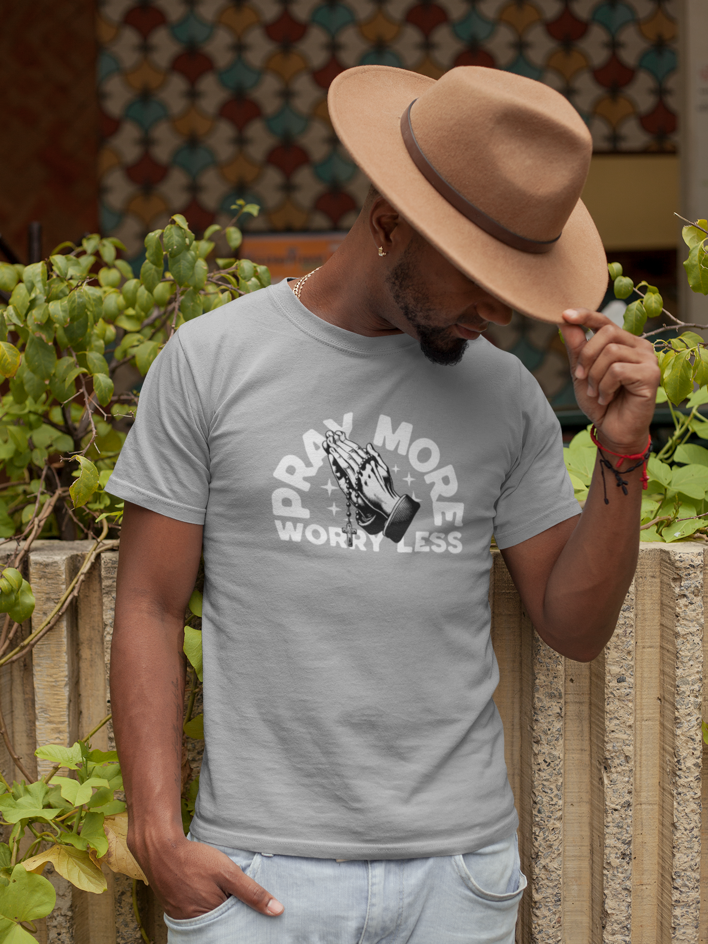 Pray More Worry Less Christian T-Shirt – Praying Hands Rosary Design (Copy)