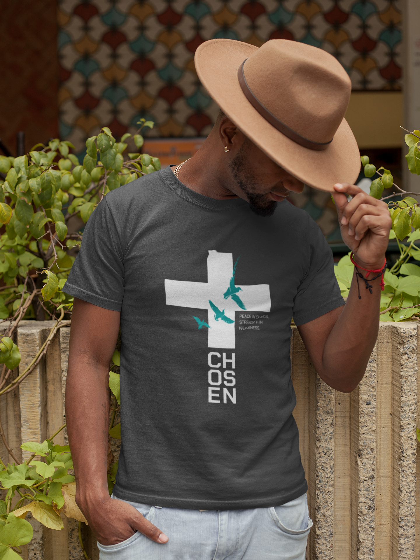 Men’s Christian Cross T-Shirt – Peace in Chaos Strength in Weakness Faith Graphic Tee