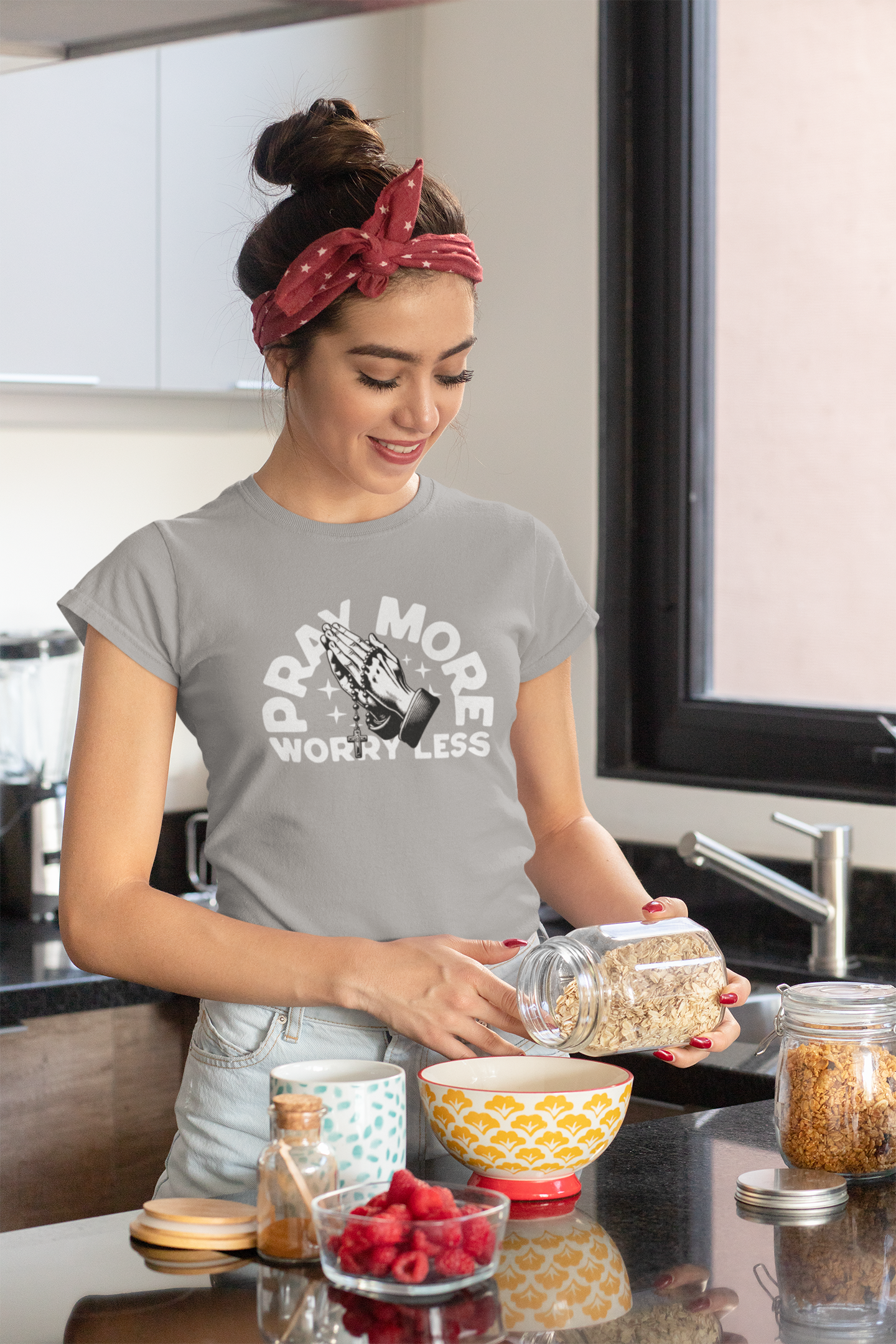 Pray More Worry Less Christian T-Shirt – Praying Hands Rosary Design